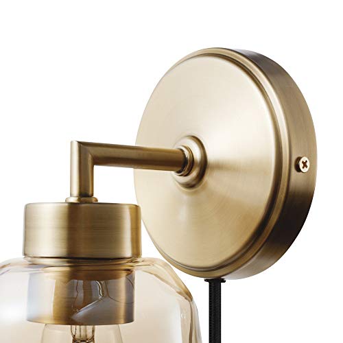 Globe Electric 51715 1-Light Plug-in or Hardwire Wall Sconce, Matte Brass, Smoked Amber Glass Shade, Black Fabric Cord, in-Line On/Off Switch, Pendant Light Fixture, Pendant Lights Kitchen Island