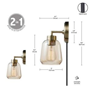 Globe Electric 51715 1-Light Plug-in or Hardwire Wall Sconce, Matte Brass, Smoked Amber Glass Shade, Black Fabric Cord, in-Line On/Off Switch, Pendant Light Fixture, Pendant Lights Kitchen Island