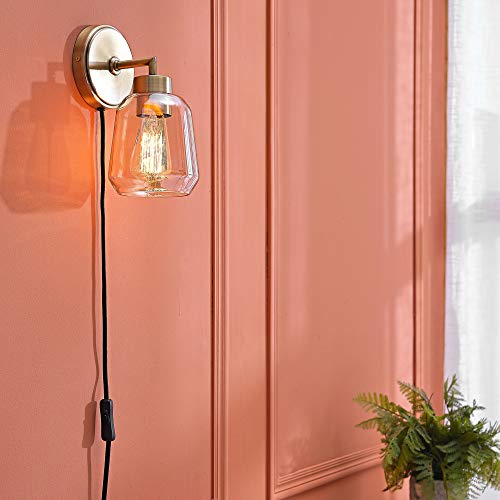 Globe Electric 51715 1-Light Plug-in or Hardwire Wall Sconce, Matte Brass, Smoked Amber Glass Shade, Black Fabric Cord, in-Line On/Off Switch, Pendant Light Fixture, Pendant Lights Kitchen Island