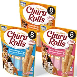 inaba churu rolls for dogs, grain-free, soft/chewy baked chicken wrapped churu filled dog treats, 0.42 ounces each stick| 24 stick treats total (8 sticks per pack), 3 flavor variety pack (24 sticks)