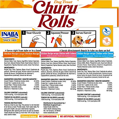 INABA Churu Rolls for Dogs, Grain-Free, Soft/Chewy Baked Chicken Wrapped Churu Filled Dog Treats, 0.42 Ounces Each Stick| 24 Stick Treats Total (8 Sticks per Pack), 3 Flavor Variety Pack (24 Sticks)