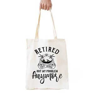 forbiddenpaper funny retirement gift retired natural cotton canvas reusable tote bag for women men | retirement themed shopping bag