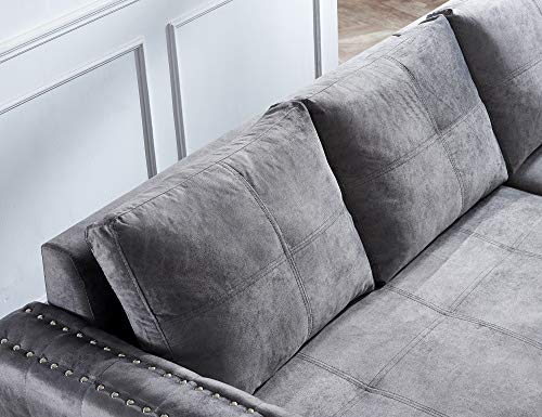 JULYFOX Gray Sectional Sofa with Storage Chaise, Mid Century Modern Reversible L-Shaped Sleeper Sectional Sofa Bed Button Tufted Copper Nail Head Trim 90 inch Wide for Living Room Office