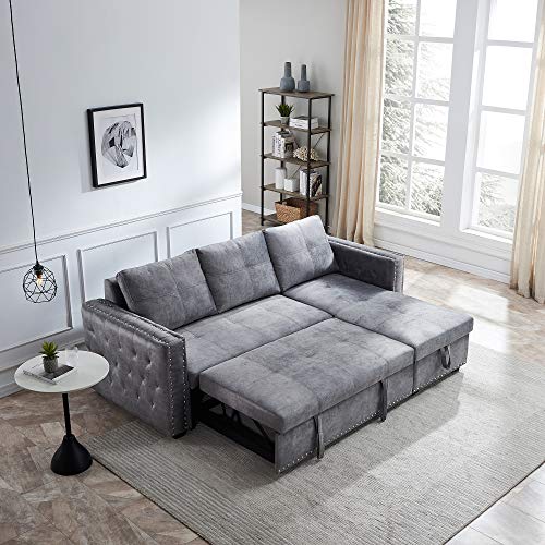 JULYFOX Gray Sectional Sofa with Storage Chaise, Mid Century Modern Reversible L-Shaped Sleeper Sectional Sofa Bed Button Tufted Copper Nail Head Trim 90 inch Wide for Living Room Office