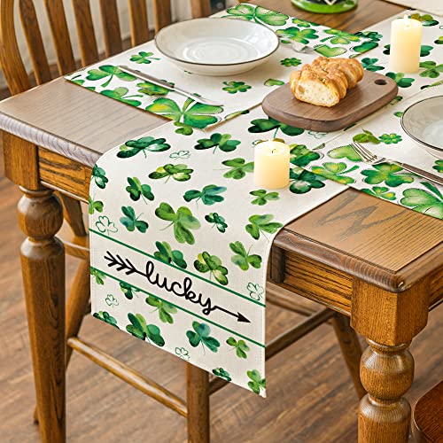 Artoid Mode Lucky Clover Shamrocks Table Runner, Seasonal St. Patrick's Day Holiday Kitchen Dining Table Runner for Home Party Decor 13 x 72 Inch