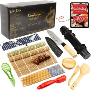 sushi making kit - premium kanpeki living 22 piece sushi set with chef knife, bamboo mat, bazooka roller, rice mold rice paddle and spreader chopsticks ebook diy sushi maker kit for beginners and pros