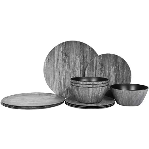 Plates and Bowls Set - 12pcs Melamine Dishes Dinnerware Set, Service for 4, Nonstick for kitchen,Outdoor/Indoor use,Wood Grain Pattern