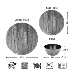 Plates and Bowls Set - 12pcs Melamine Dishes Dinnerware Set, Service for 4, Nonstick for kitchen,Outdoor/Indoor use,Wood Grain Pattern