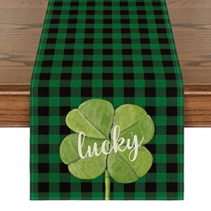 artoid mode buffalo plaid lucky table runner clover shamrock, seasonal st. patrick's day holiday kitchen dining table runner for home party decor 13 x 72 inch