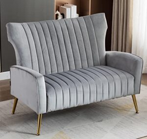 artechworks tufted contemporary velvet wingback highback loveseat sofa chair upholstered couch with gold metal legs two-seat sofa for living room bedroom apartment small space dorm, grey
