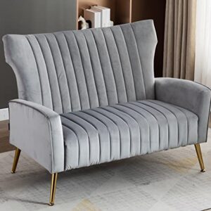 Artechworks Tufted Contemporary Velvet Wingback HighBack Loveseat Sofa Chair Upholstered Couch with Gold Metal Legs Two-Seat Sofa for Living Room Bedroom Apartment Small Space Dorm, Grey