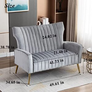 Artechworks Tufted Contemporary Velvet Wingback HighBack Loveseat Sofa Chair Upholstered Couch with Gold Metal Legs Two-Seat Sofa for Living Room Bedroom Apartment Small Space Dorm, Grey