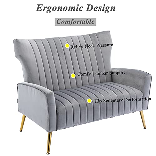 Artechworks Tufted Contemporary Velvet Wingback HighBack Loveseat Sofa Chair Upholstered Couch with Gold Metal Legs Two-Seat Sofa for Living Room Bedroom Apartment Small Space Dorm, Grey