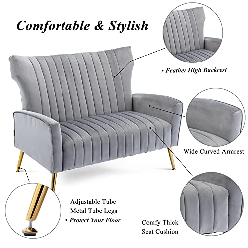 Artechworks Tufted Contemporary Velvet Wingback HighBack Loveseat Sofa Chair Upholstered Couch with Gold Metal Legs Two-Seat Sofa for Living Room Bedroom Apartment Small Space Dorm, Grey