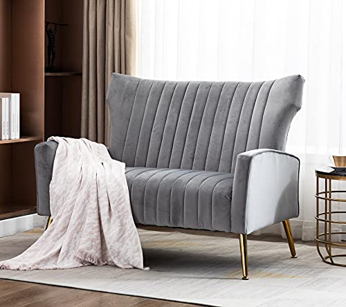 Artechworks Tufted Contemporary Velvet Wingback HighBack Loveseat Sofa Chair Upholstered Couch with Gold Metal Legs Two-Seat Sofa for Living Room Bedroom Apartment Small Space Dorm, Grey