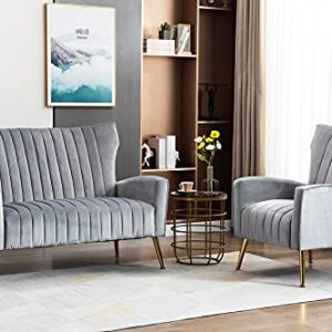 Artechworks Tufted Contemporary Velvet Wingback HighBack Loveseat Sofa Chair Upholstered Couch with Gold Metal Legs Two-Seat Sofa for Living Room Bedroom Apartment Small Space Dorm, Grey