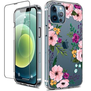 giika for iphone 12 pro max case with screen protector, clear full body shockproof protective floral girls women hard case with tpu bumper cover phone case for iphone 12 pro max, small flowers