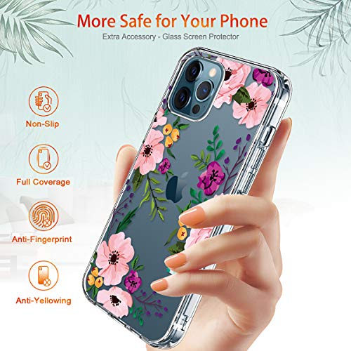 GiiKa for iPhone 12 Pro Max Case with Screen Protector, Clear Full Body Shockproof Protective Floral Girls Women Hard Case with TPU Bumper Cover Phone Case for iPhone 12 Pro Max, Small Flowers