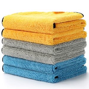 astroai microfiber towels for cars, 6-pack absorbent and reusable microfiber cleaning cloth for car/domestic cleaning, yellow, blue, gray, 16" x 16"