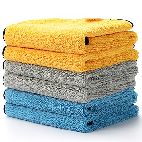 AstroAI Microfiber Towels for Cars, 6-Pack Absorbent and Reusable Microfiber Cleaning Cloth for Car/Domestic Cleaning, Yellow, Blue, Gray, 16" x 16"