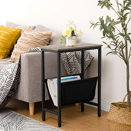 HOOBRO Side Table, Narrow End Table with Magazine Holder Sling, 18.9 x 9.4 x 24 Inch Industrial Nightstand for Small Spaces, Wood Look Accent Furniture with Metal Frame, Greige and Black BG41BZ01