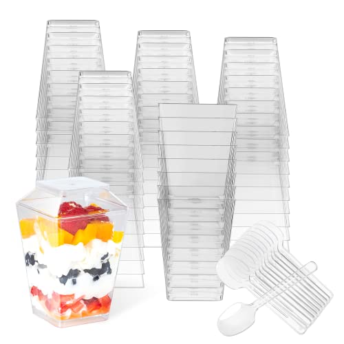 HawHawToys Dessert Cups, 60 Pack 5.4oz Appetizer Cups Parfait Cups Clear Plastic Dessert Cups with Lids and Spoons