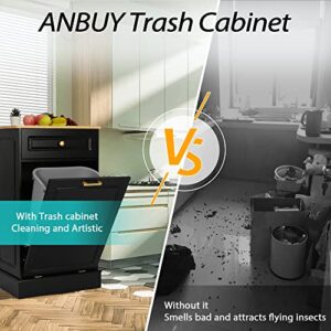 Anbuy Tilt Out Trash Cabinet Can Bin Kitchen Wooden Trash Can Free Standing Holder Recycling Cabinet with Hideaway Drawer Wooden Trash Holder (Black)