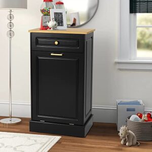 Anbuy Tilt Out Trash Cabinet Can Bin Kitchen Wooden Trash Can Free Standing Holder Recycling Cabinet with Hideaway Drawer Wooden Trash Holder (Black)