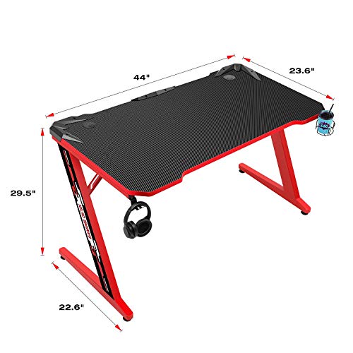 Flamaker Gaming Desk 44 Inch Gaming Table Computer Desk Gamer Table Z Shape Game Station with Large Carbon Fiber Surface, Cup Holder & Headphone (Red)