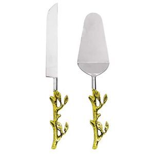 2 piece leaf (twig) cake server cake knife and serving spatula set gold leaf design, stainless steel and brass two tone ideal for weddings, party's, elegant events (gold)