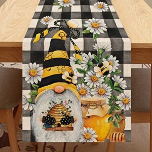 seliem spring bee gnome table runner, honey black white buffalo plaid check home kitchen dining decor, summer seasonal farmhouse daisy decorations indoor outdoor anniversary party supply 13 x 72 inch