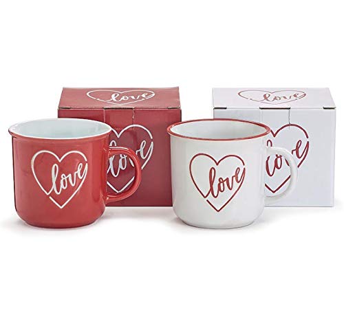 One Holiday Way Set of 2 14-Ounce Red and White Ceramic Love Heart Mugs - Hand Painted Valentine’s Day Tableware – Coffee Cup Tea Drinkware Kitchen Decoration – Cute Decorative Mothers Day Home Decor