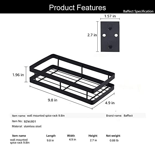 Metal Spice Rack Wall Mount Floating Shelves 2 Pack Black Storage organizer for Cabinet Door Pantry Kitchen Bathroom Supplies (9.8inches length)