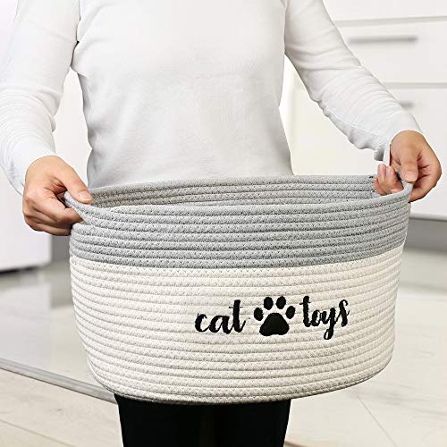 PrimePets Cat Toy Basket, Cotton Rope Storage Basket with Handles, Small Woven Pet Toy Box Bin for Blankets, Leashes, 15x10x9 inch Cat Toy Holder Container, White and Grey