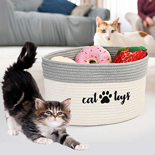 PrimePets Cat Toy Basket, Cotton Rope Storage Basket with Handles, Small Woven Pet Toy Box Bin for Blankets, Leashes, 15x10x9 inch Cat Toy Holder Container, White and Grey