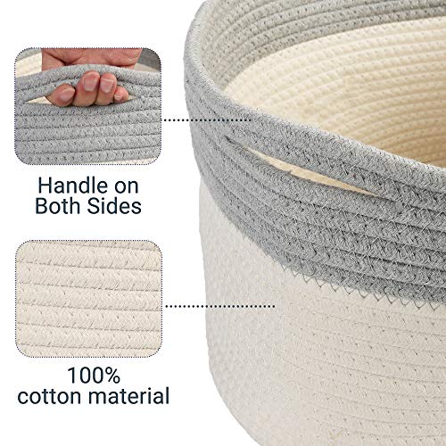 PrimePets Cat Toy Basket, Cotton Rope Storage Basket with Handles, Small Woven Pet Toy Box Bin for Blankets, Leashes, 15x10x9 inch Cat Toy Holder Container, White and Grey