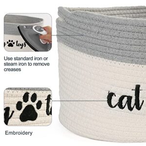 PrimePets Cat Toy Basket, Cotton Rope Storage Basket with Handles, Small Woven Pet Toy Box Bin for Blankets, Leashes, 15x10x9 inch Cat Toy Holder Container, White and Grey