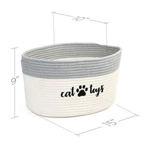 PrimePets Cat Toy Basket, Cotton Rope Storage Basket with Handles, Small Woven Pet Toy Box Bin for Blankets, Leashes, 15x10x9 inch Cat Toy Holder Container, White and Grey