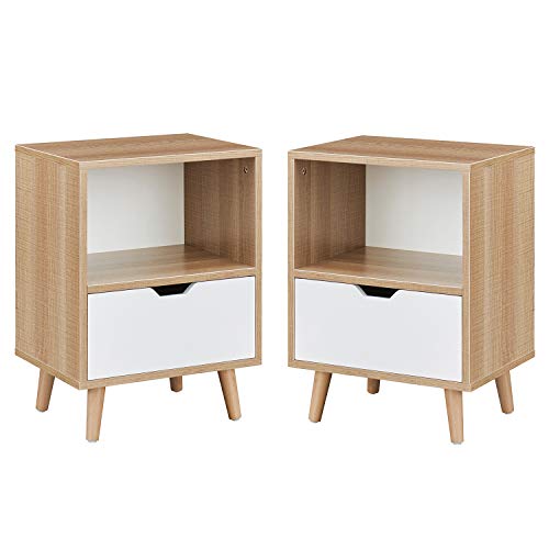 Wind Modern Wooden Bedroom 2-Tier Nightstand End Side Table with Open Shelf, 4 Anti-Slip Rubber Padded Legs, & 1 Storage Drawer, Tan, Set of 2