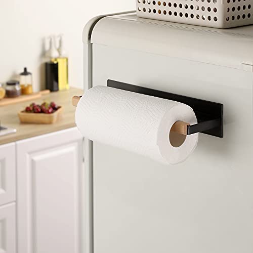 KES Magnetic Paper Towel Holder, Black Paper Towel Holder for Refrigerator, Wood & Metal Paper Towel Roll Holder, KPH502MA-BK