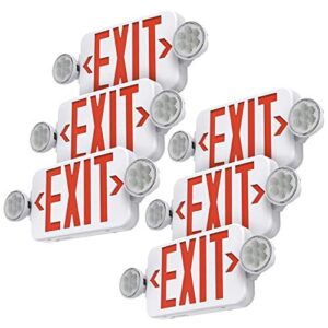 saselux red led exit sign emergency light combo adjustable two head, double sided and battery backup exit light, contractor select, ac 120/277v (6 pack)