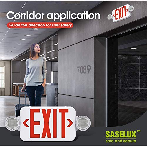 SASELUX Red Led Exit Sign Emergency Light Combo Adjustable Two Head, Double Sided and Battery Backup Exit Light, Contractor Select, AC 120/277V (6 Pack)