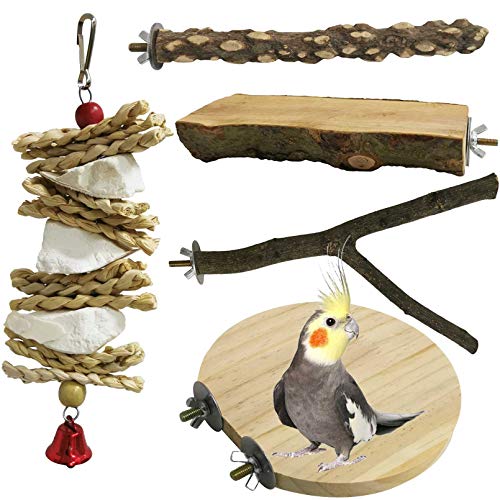 kathson Wood Bird Perch Wooden Parrot Stand Toy Parakeet Standing Platform Chew Toys Natural Cuttlebone Paw Grinding Stick Cockatiels Cage Accessories Exercise Toy for Conures Budgies Lovebirds 5PCS