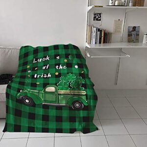 St. Patrick's Day Blankets Truck with Green Shamrock Throw Blankets Soft Lightweight Flannel Blanket Cozy Gold Coin Green Buffalo Check Plaid Blanket for Home Spring Holiday Decoration 40x50inch