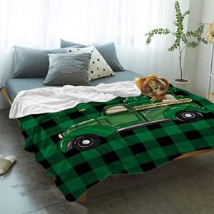 St. Patrick's Day Blankets Truck with Green Shamrock Throw Blankets Soft Lightweight Flannel Blanket Cozy Gold Coin Green Buffalo Check Plaid Blanket for Home Spring Holiday Decoration 40x50inch