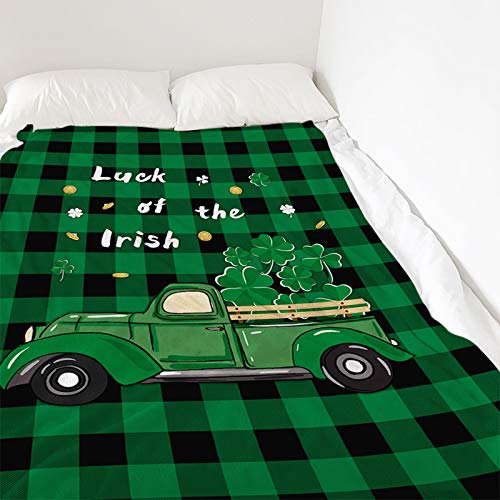 St. Patrick's Day Blankets Truck with Green Shamrock Throw Blankets Soft Lightweight Flannel Blanket Cozy Gold Coin Green Buffalo Check Plaid Blanket for Home Spring Holiday Decoration 40x50inch