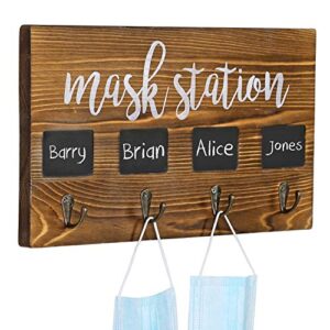 mygift wall mounted burnt wood personal face mask holder rack with mask station print design, 4 mask key hooks and individual chalkboard labels