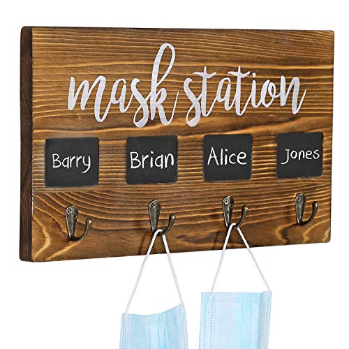 MyGift Wall Mounted Burnt Wood Personal Face Mask Holder Rack with MASK Station Print Design, 4 Mask Key Hooks and Individual Chalkboard Labels