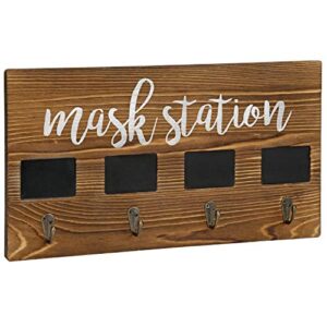 MyGift Wall Mounted Burnt Wood Personal Face Mask Holder Rack with MASK Station Print Design, 4 Mask Key Hooks and Individual Chalkboard Labels