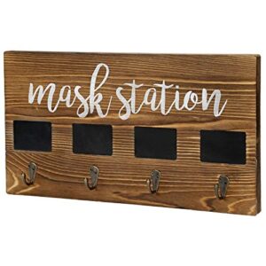 MyGift Wall Mounted Burnt Wood Personal Face Mask Holder Rack with MASK Station Print Design, 4 Mask Key Hooks and Individual Chalkboard Labels